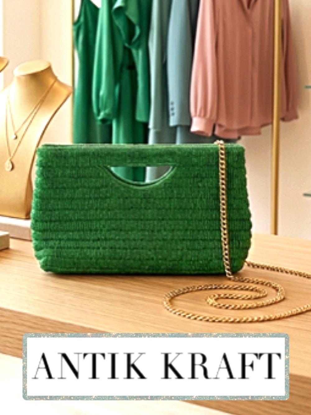 🆕 Antik Kraft Green Glass Beaded Clutch/Shoulder Bag/Crossbody w/Gold Chain